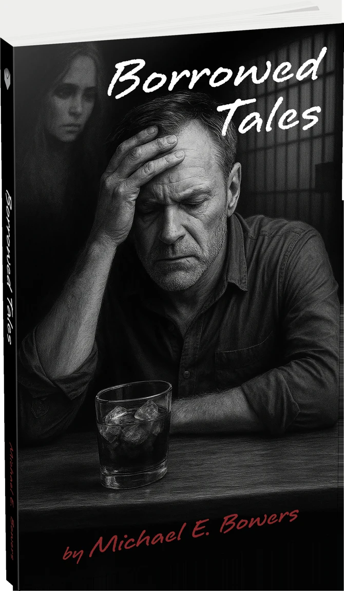 Borrowed Tales, the published book image showing a man holding his head at a bar