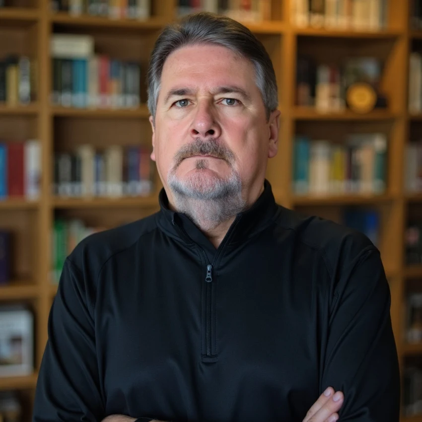 Michael E. Bowers seated in front of bookshelves, wearing a black shirt